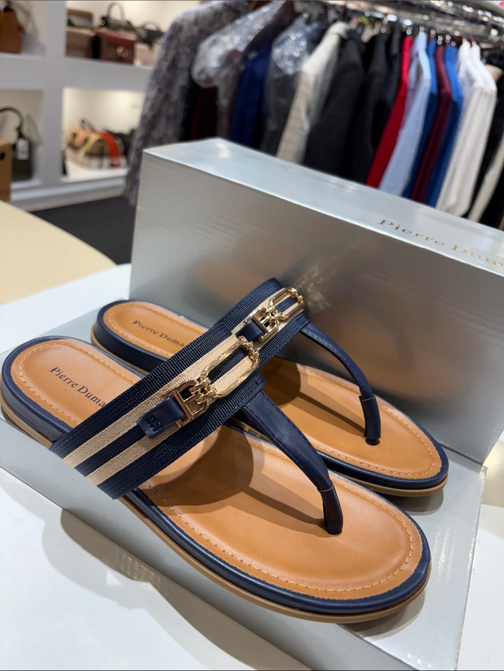 Pierre Dumas Navy and Tan Thong Sandals with Gold Chain Detail